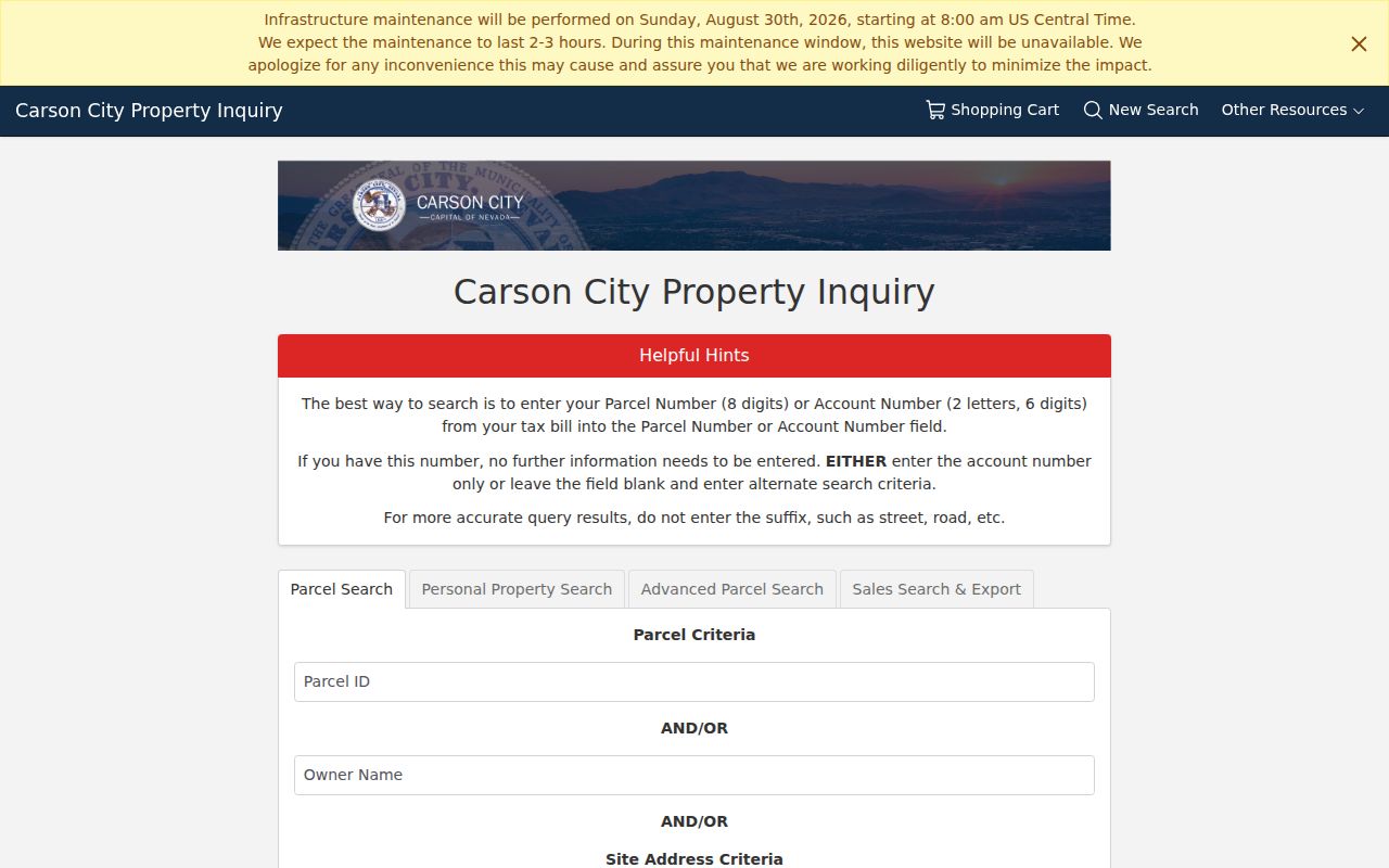 Carson City residents directory Property Inquiry parcel search